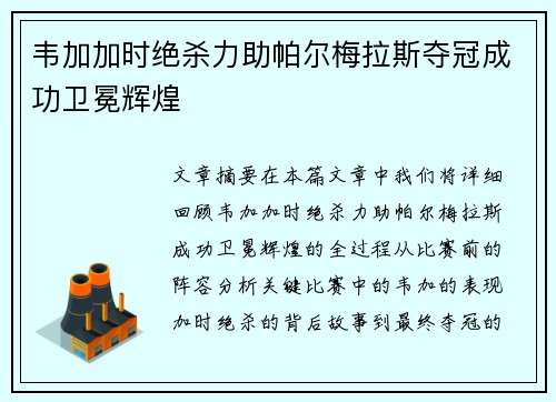 韦加加时绝杀力助帕尔梅拉斯夺冠成功卫冕辉煌 韦加加时绝杀力助帕尔梅拉斯夺冠成功卫冕辉煌