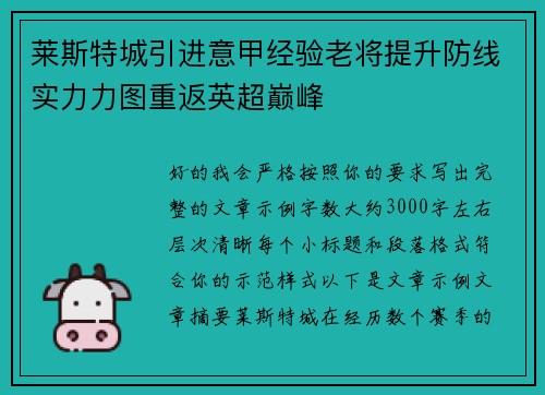 莱斯特城引进意甲经验老将提升防线实力力图重返英超巅峰 莱斯特城引进意甲经验老将提升防线实力力图重返英超巅峰